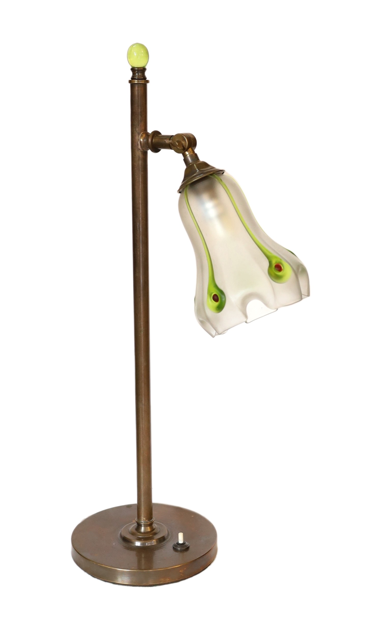 A 1930's English brass desk lamp with Art Nouveau style glass shade, height 58cm